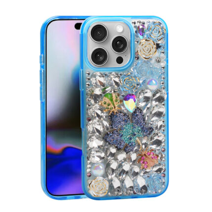 Coque de luxe DML pour iPhone 15 Pro Max avec motif feuille et sangle Bleu